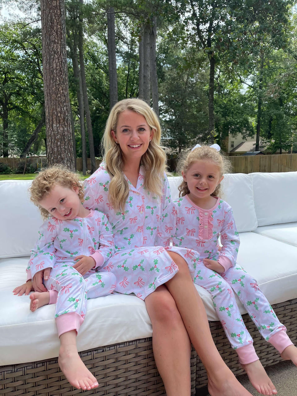 Pink And Green Bow And Holly Knit Zipper Pajamas - Shipping Early November  Smocked Threads