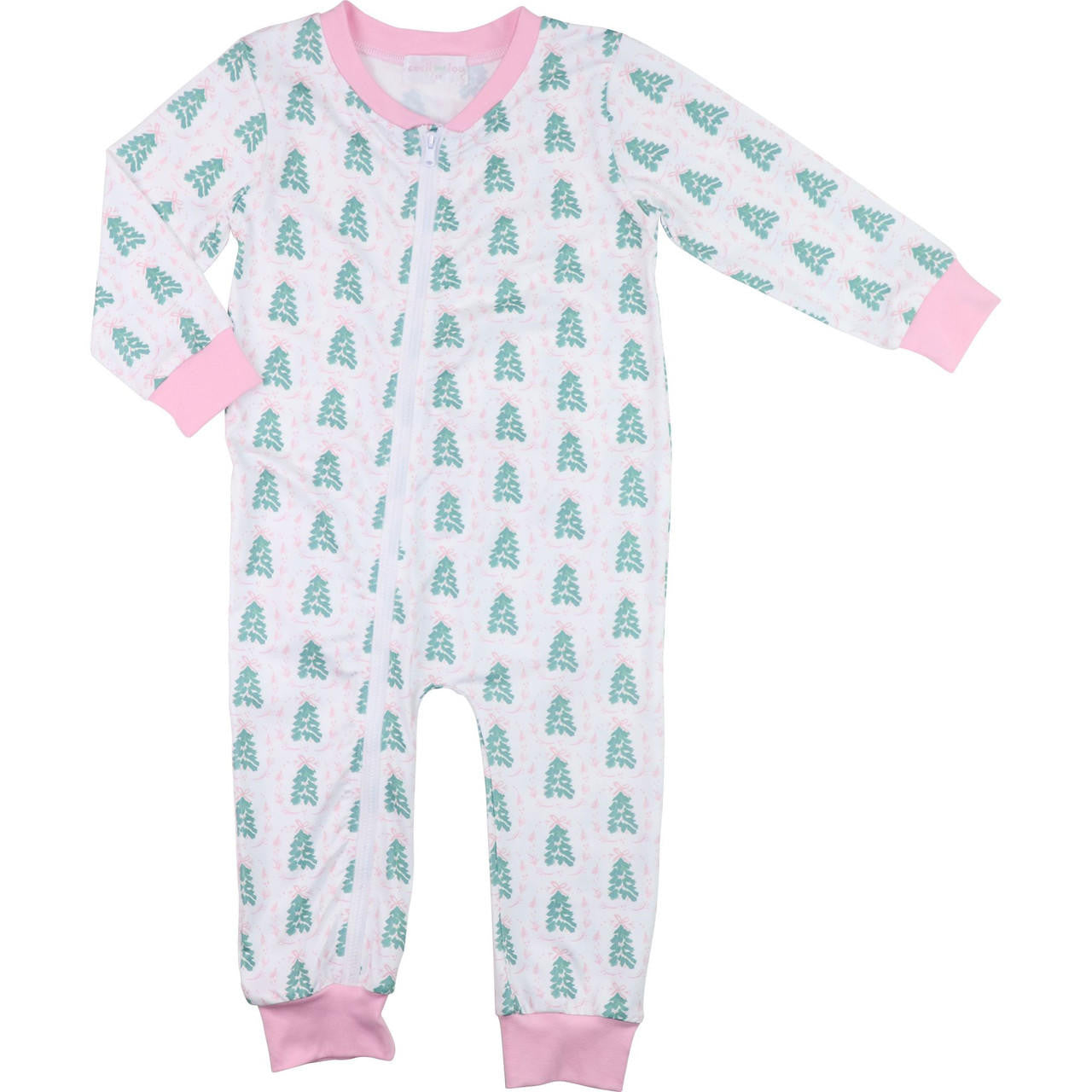 Pink And Green Christmas Tree Print Knit Zipper Pajamas - Shipping Early November  Smocked Threads