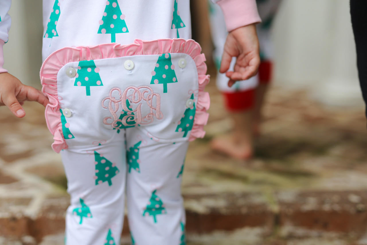 Pink And Green Christmas Tree Print Knit Zipper Pajamas - Shipping Mid November  Monogram