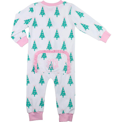 Pink And Green Christmas Tree Print Knit Zipper Pajamas - Shipping Mid November  Monogram