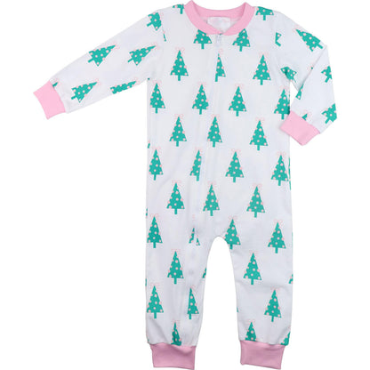 Pink And Green Christmas Tree Print Knit Zipper Pajamas - Shipping Mid November  Monogram