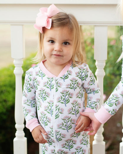 Pink And Green Floral Knit Zipper Pajamas  Smocked Threads