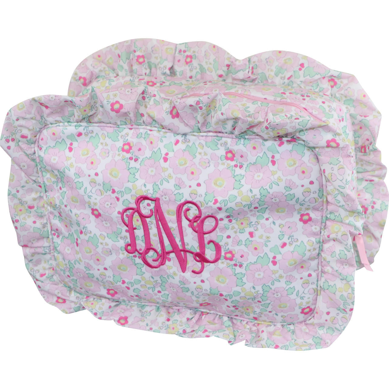 Pink And Green Floral Ruffle Pouch Monogram