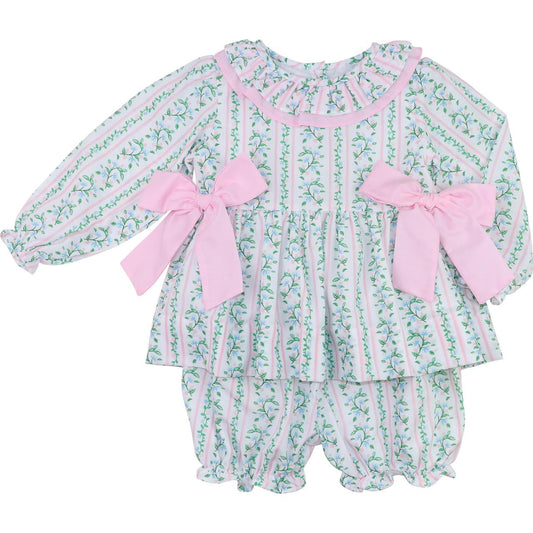 Pink And Green Floral Vines Bow Bloomer Set  Smocked Threads