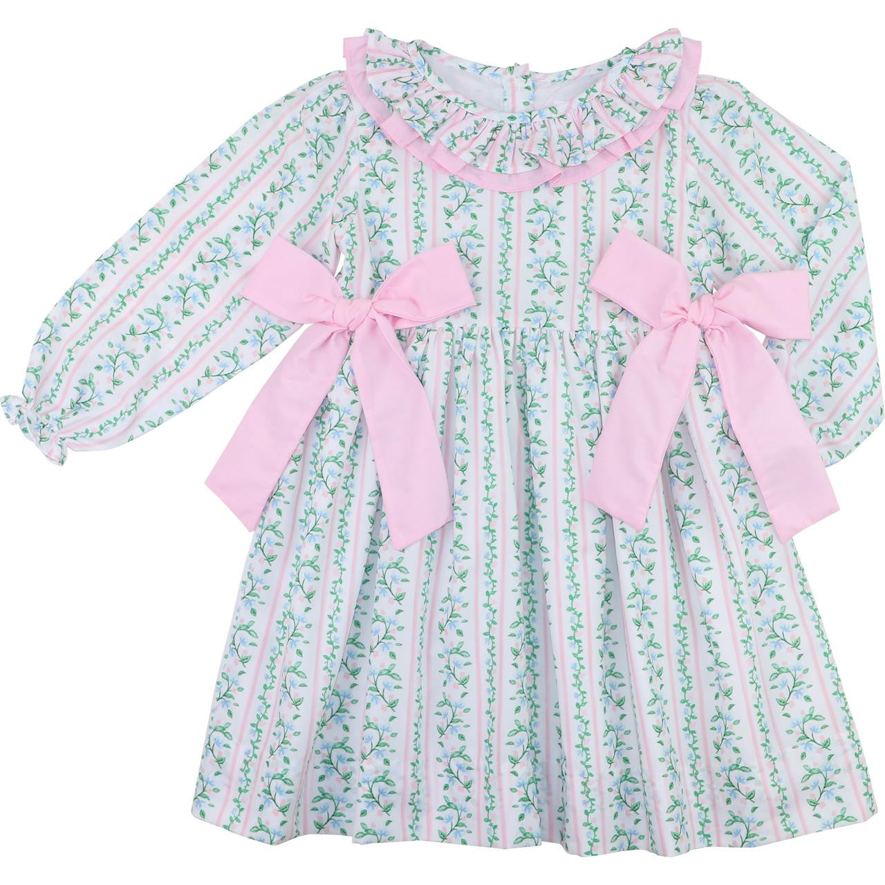 Pink And Green Floral Vines Bow Dress  Smocked Threads