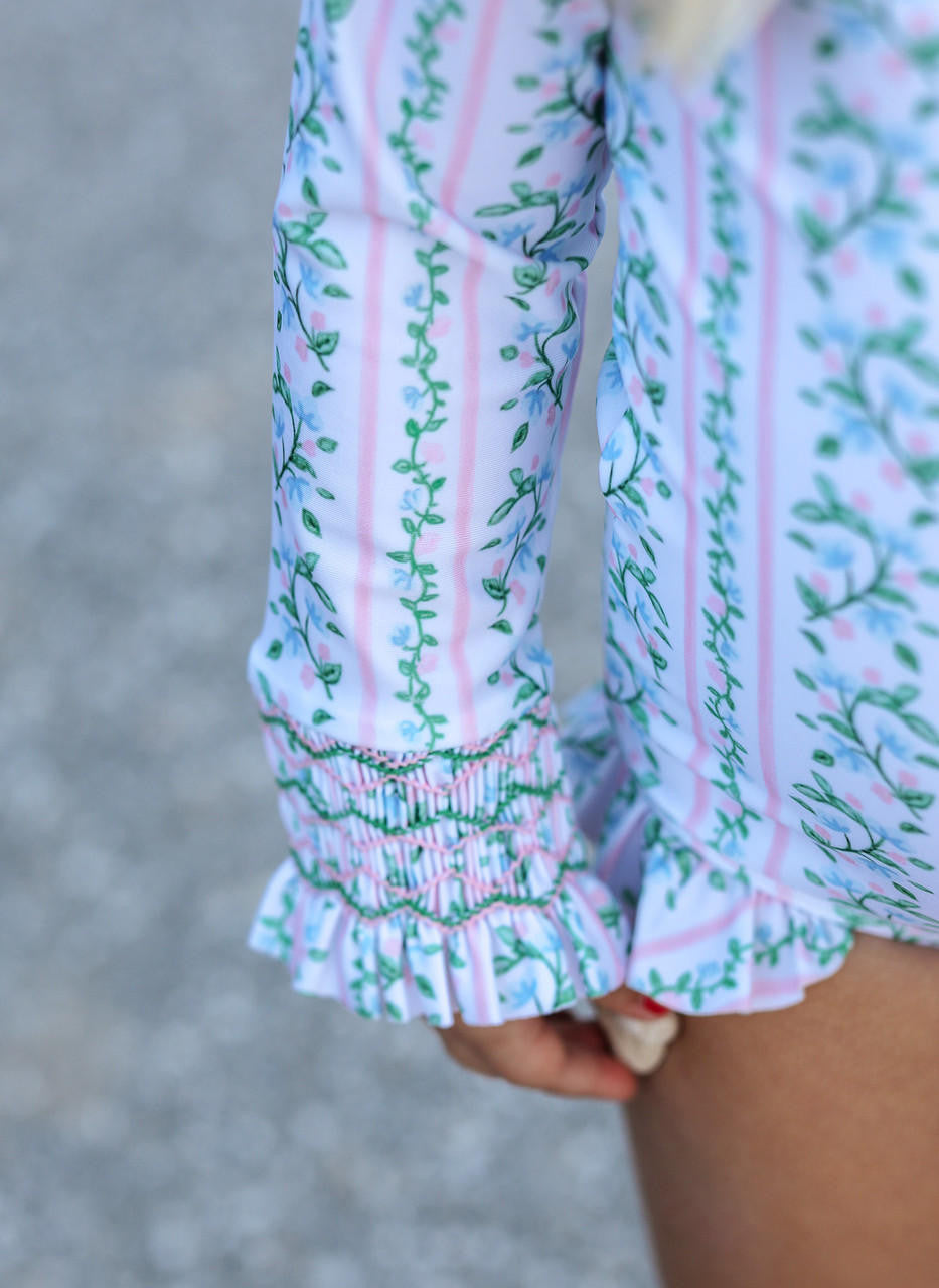 Pink And Green Floral Vines Smocked Rashguard Swimsuit  Smocked Threads