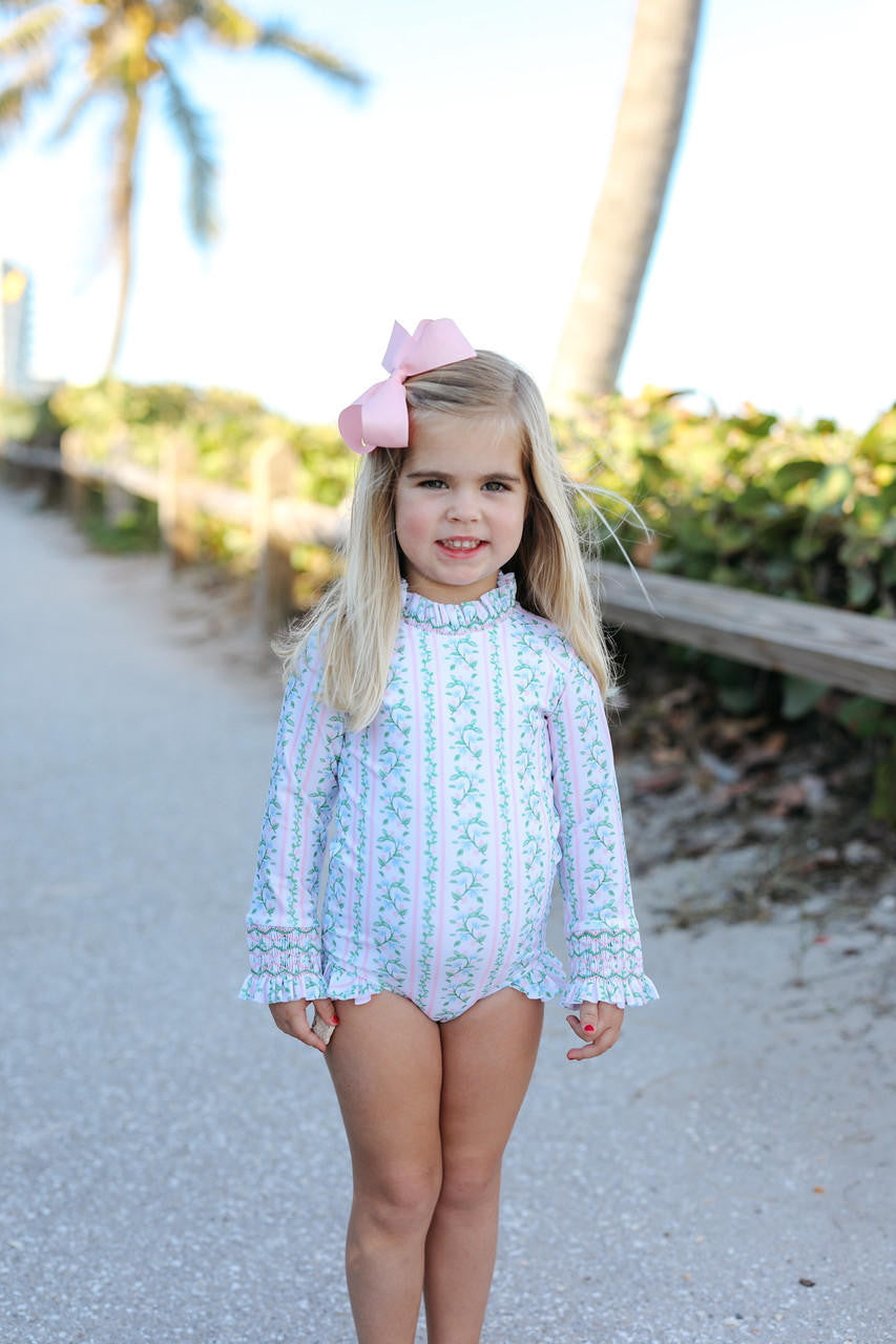 Pink And Green Floral Vines Smocked Rashguard Swimsuit  Smocked Threads