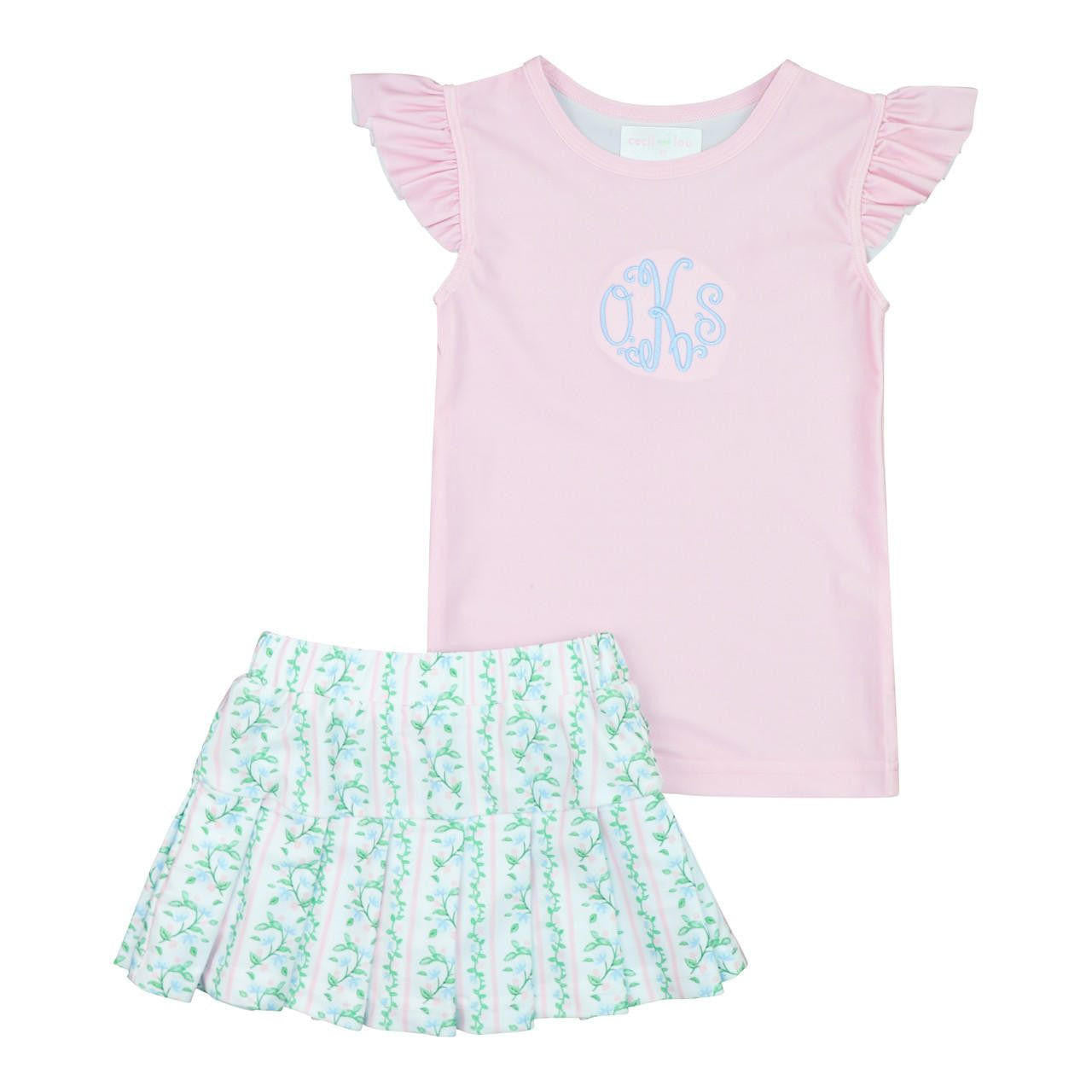 Pink And Green Floral Vines Tennis Skirt Set  Monogram