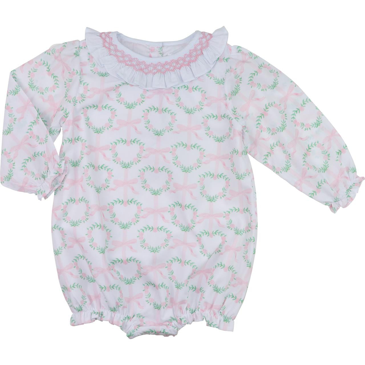 Pink And Green Heart And Bow Smocked Collar Bubble   Smocked Threads