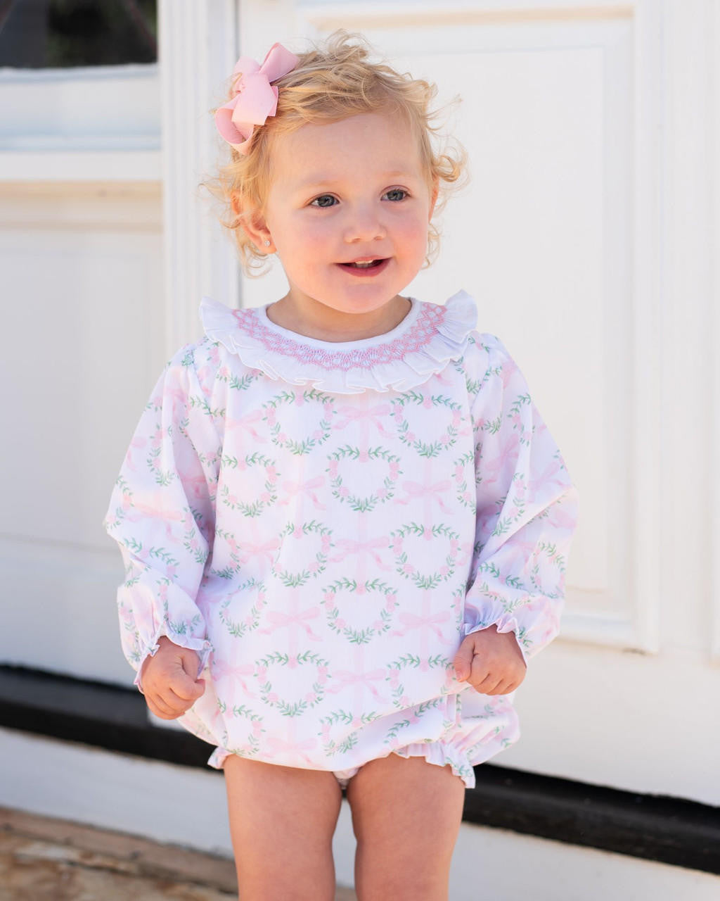 Pink And Green Heart And Bow Smocked Collar Bubble   Smocked Threads