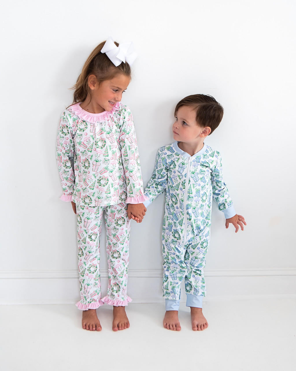 Pink And Green Holiday Print Knit Pajamas  Smocked Threads