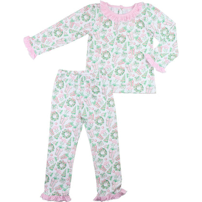 Pink And Green Holiday Print Knit Pajamas  Smocked Threads