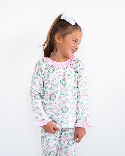 Pink And Green Holiday Print Knit Pajamas  Smocked Threads