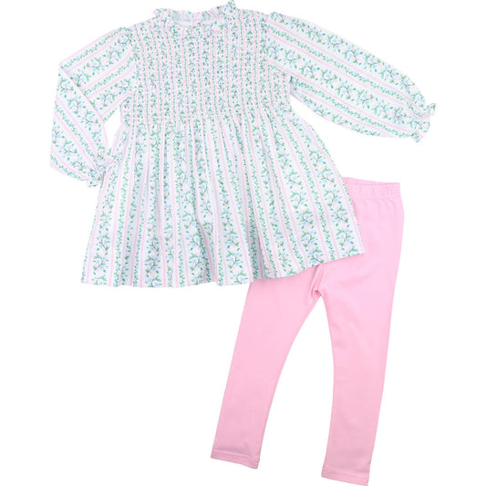 Pink And Green Smocked Floral Vines Legging Set  - Shipping Early October  Smocked Threads