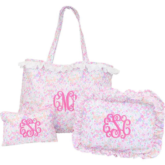 Pink And Lavender Floral Eyelet Tote  Monogram - Cecil and Lou