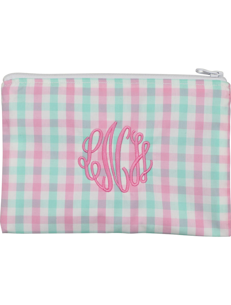 Pink And Mint Plaid Lined Zipper Pouch Monogram