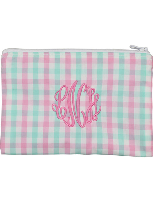 Pink And Mint Plaid Lined Zipper Pouch Monogram