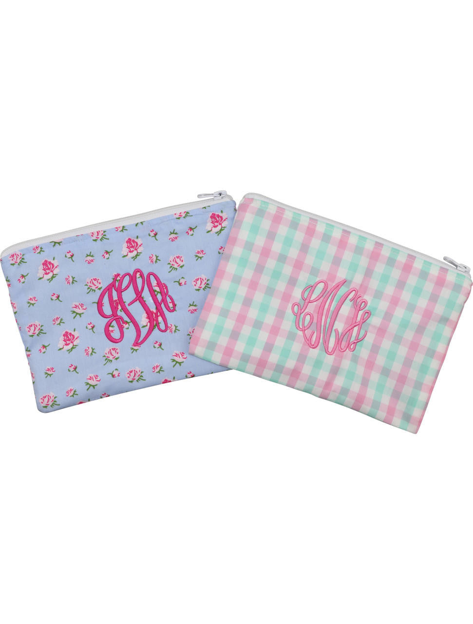 Pink And Mint Plaid Lined Zipper Pouch Monogram