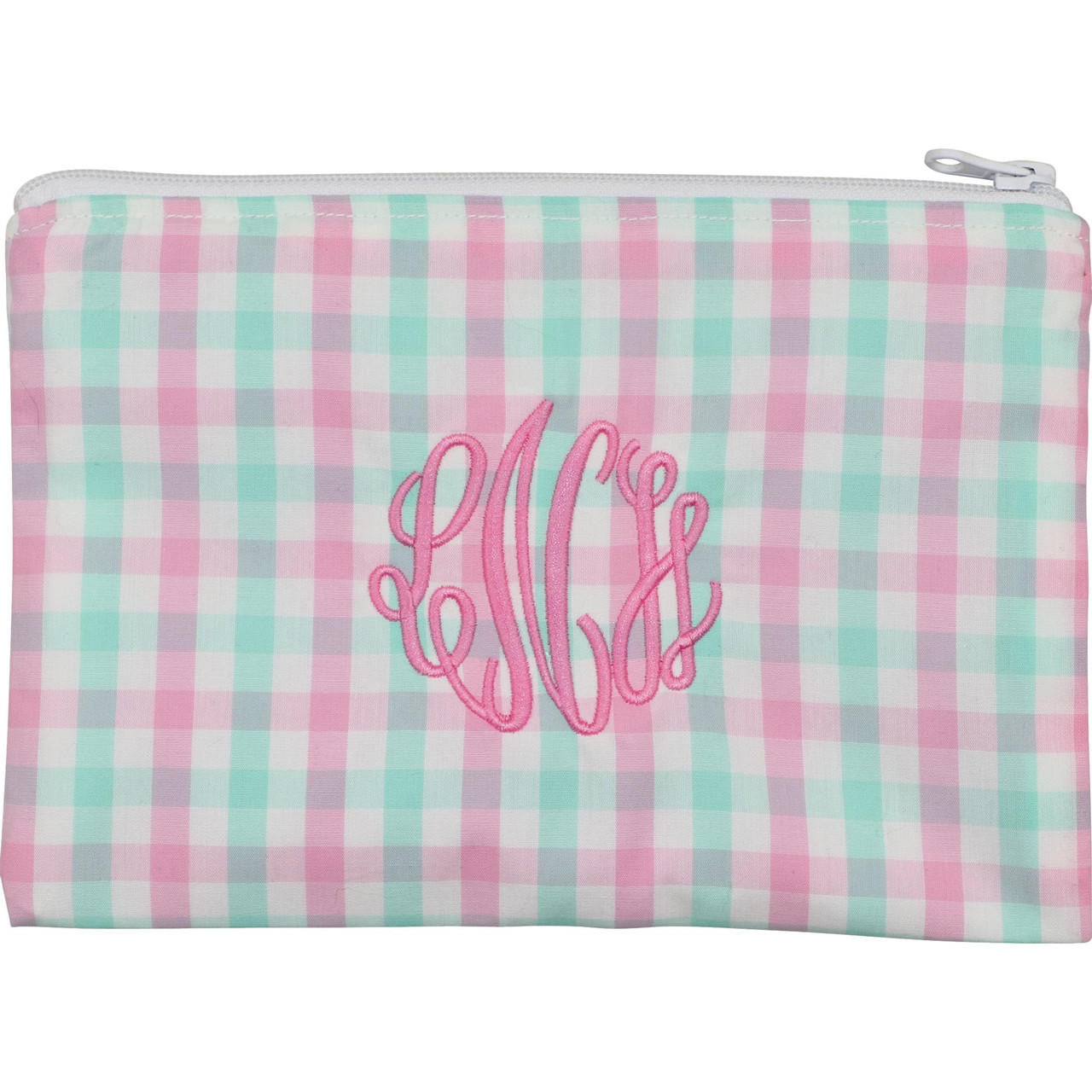 Pink And Mint Plaid Lined Zipper Pouch Monogram