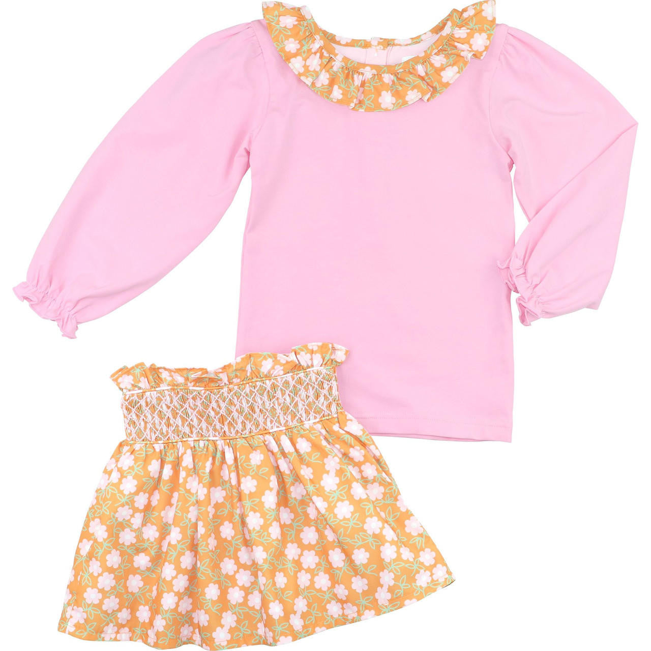 Pink And Orange Floral Smocked Skirt Set  Eliza James Kids