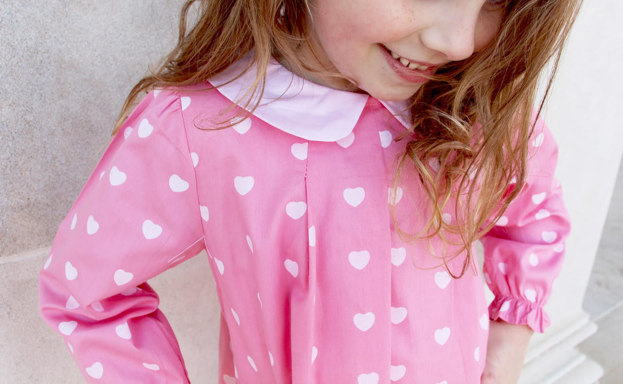 Pink And White Heart Print Pleated Dress  Smocked Threads