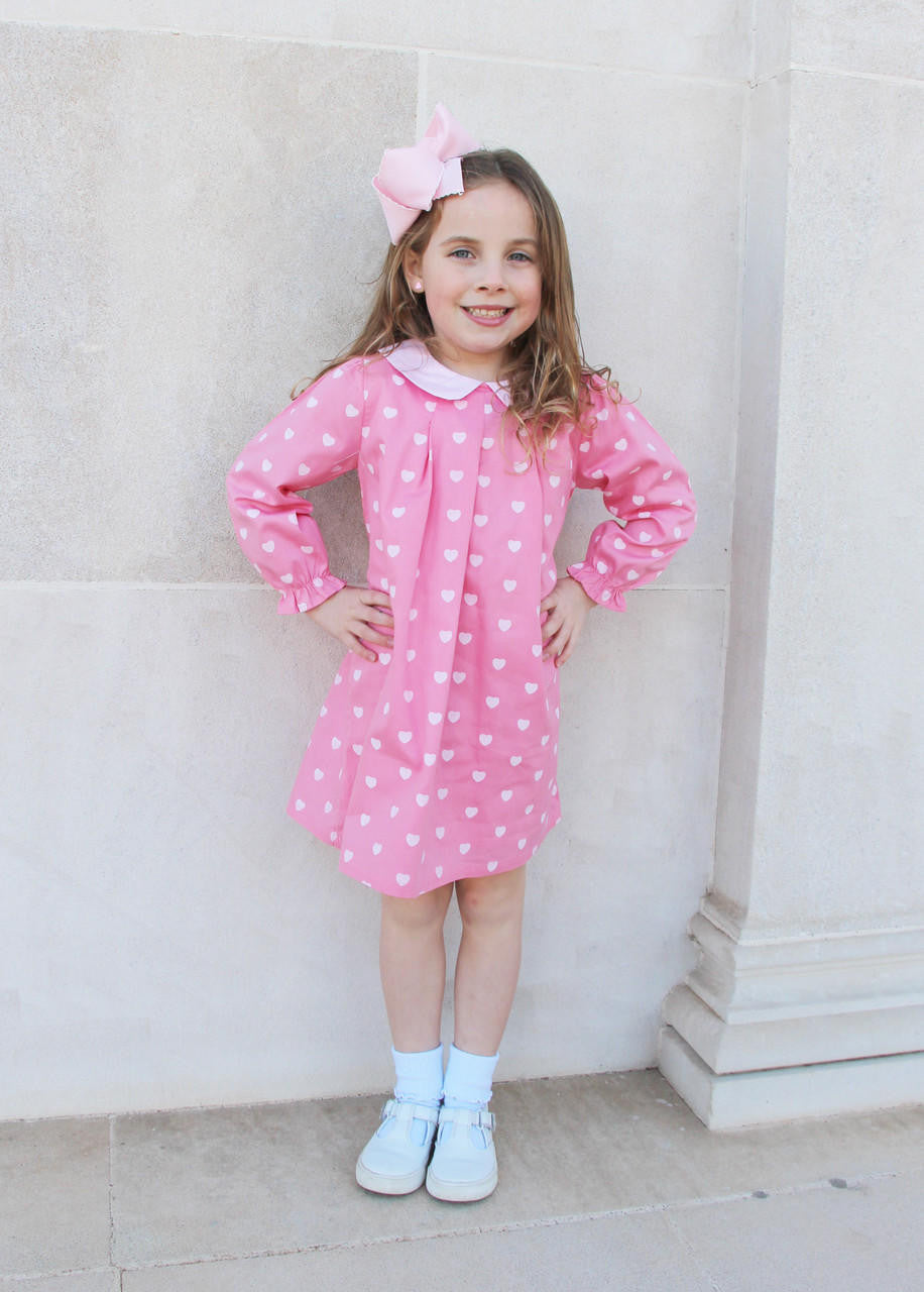 Pink And White Heart Print Pleated Dress  Smocked Threads