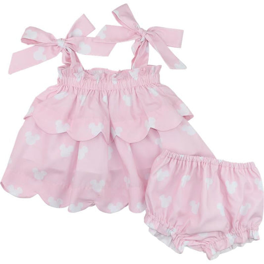 Pink And White Mouse Ears Shoulder Tie Diaper Set  Smocked Threads