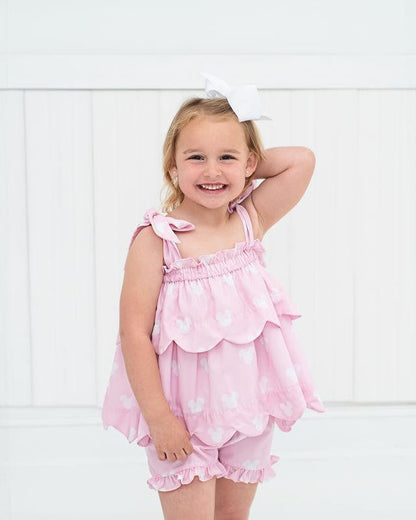 Pink And White Mouse Ears Shoulder Tie Short Set  Smocked Threads