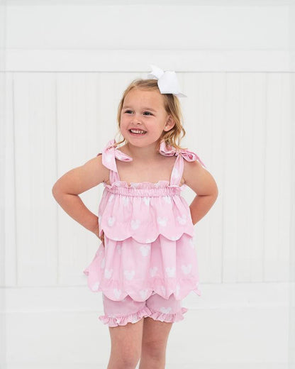 Pink And White Mouse Ears Shoulder Tie Short Set  Smocked Threads