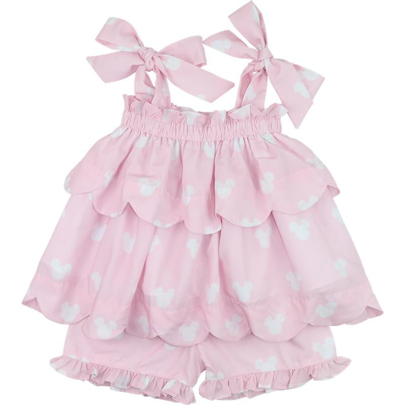 Pink And White Mouse Ears Shoulder Tie Short Set  Smocked Threads