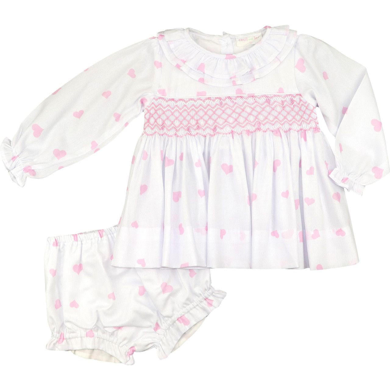 Pink And White Pique Smocked Hearts Diaper Set