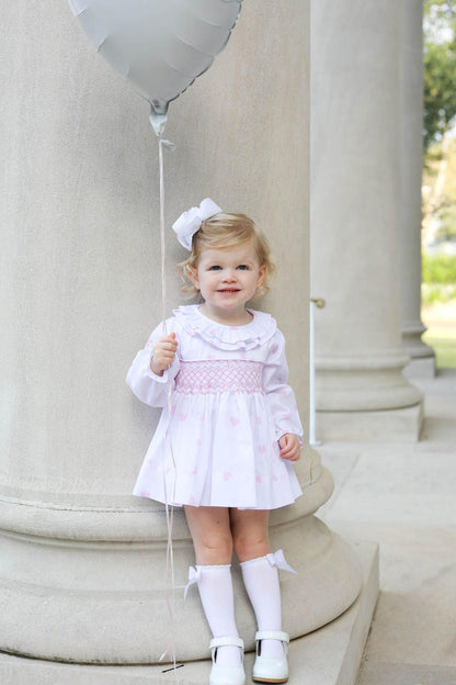 Pink And White Pique Smocked Hearts Diaper Set