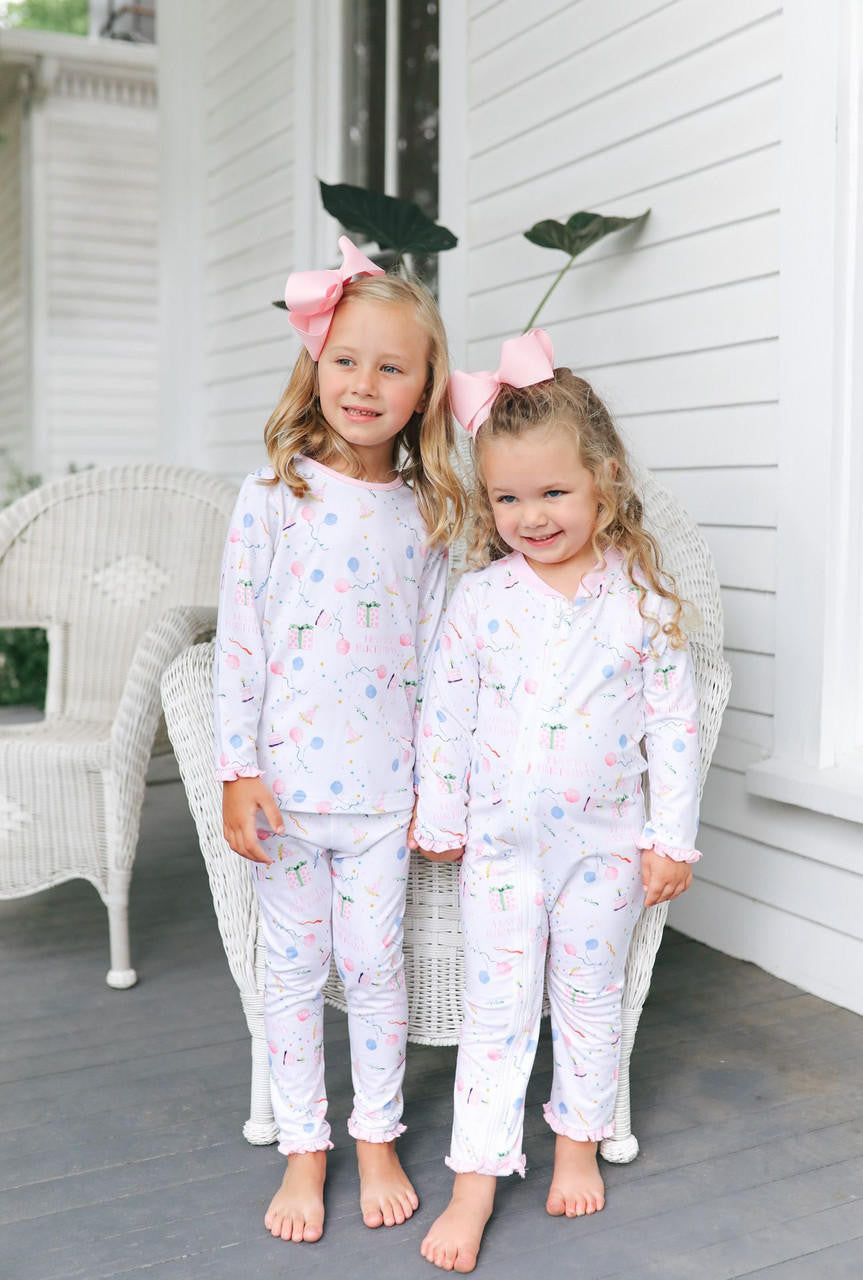 Pink Birthday Print Knit Zipper Pajamas  Monogram - Cecil and Lou