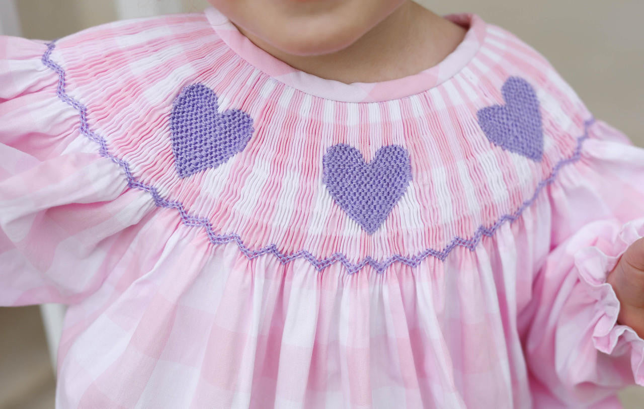 Pink Buffalo Check Smocked Hearts Bubble