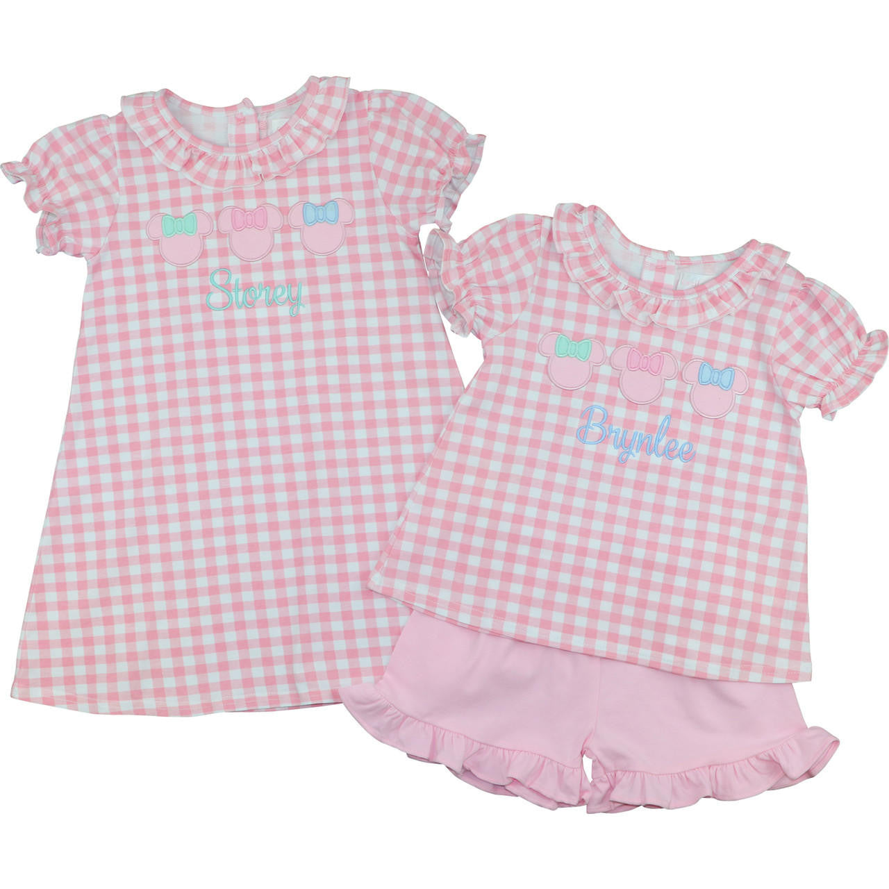 Pink Check Knit Applique Mouse Ears Dress Smocked Threads