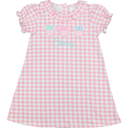 Pink Check Knit Applique Mouse Ears Dress Smocked Threads