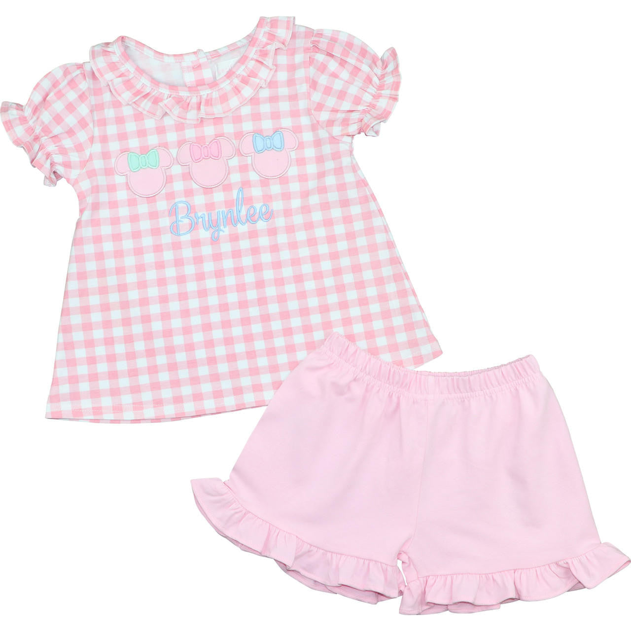 Pink Check Knit Applique Mouse Ears Short Set Smocked Threads