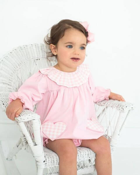 Pink Check Knit Heart Pocket Bubble   Eliza James Kids