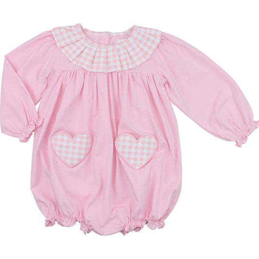 Pink Check Knit Heart Pocket Bubble   Eliza James Kids