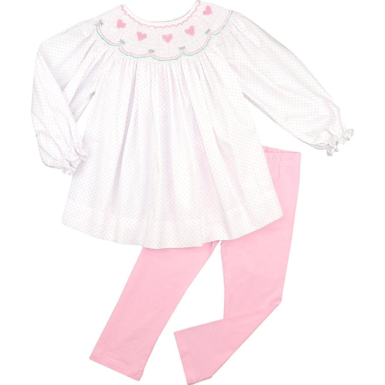 Pink Dot Pique Smocked Hearts Legging Set