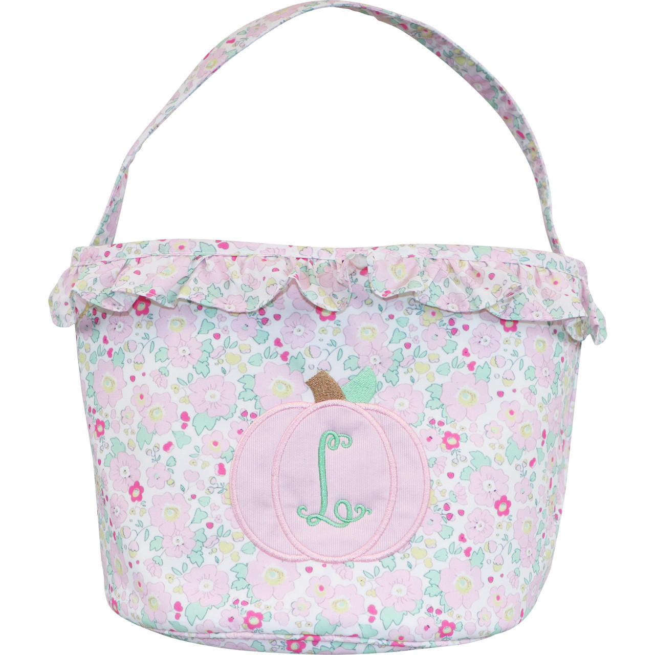 Pink Floral Applique Pumpkin Bucket Monogram