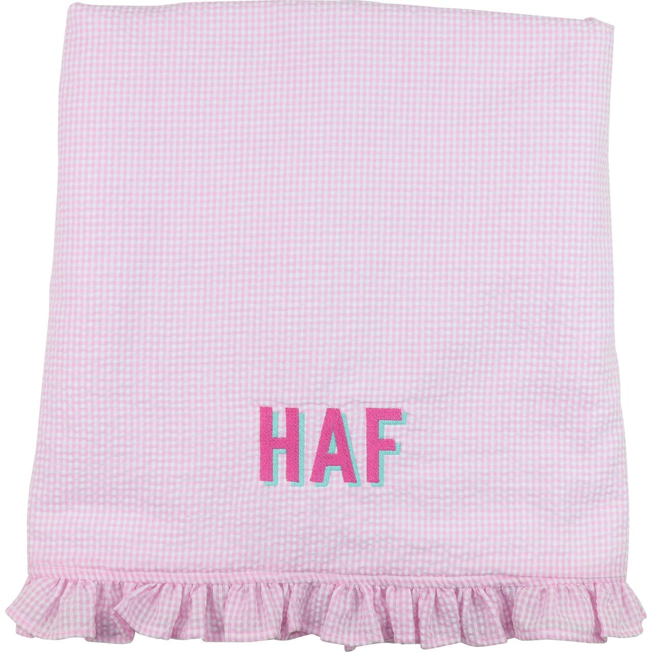 Pink Gingham And Terry Beach Ruffled Towel  Monogram