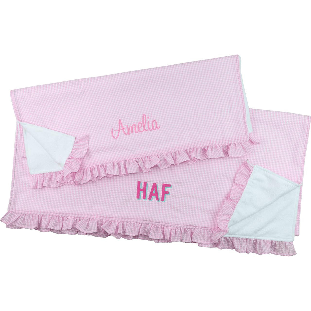 Pink Gingham And Terry Beach Ruffled Towel  Monogram