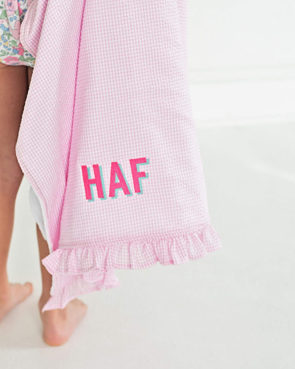 Pink Gingham And Terry Beach Ruffled Towel  Monogram