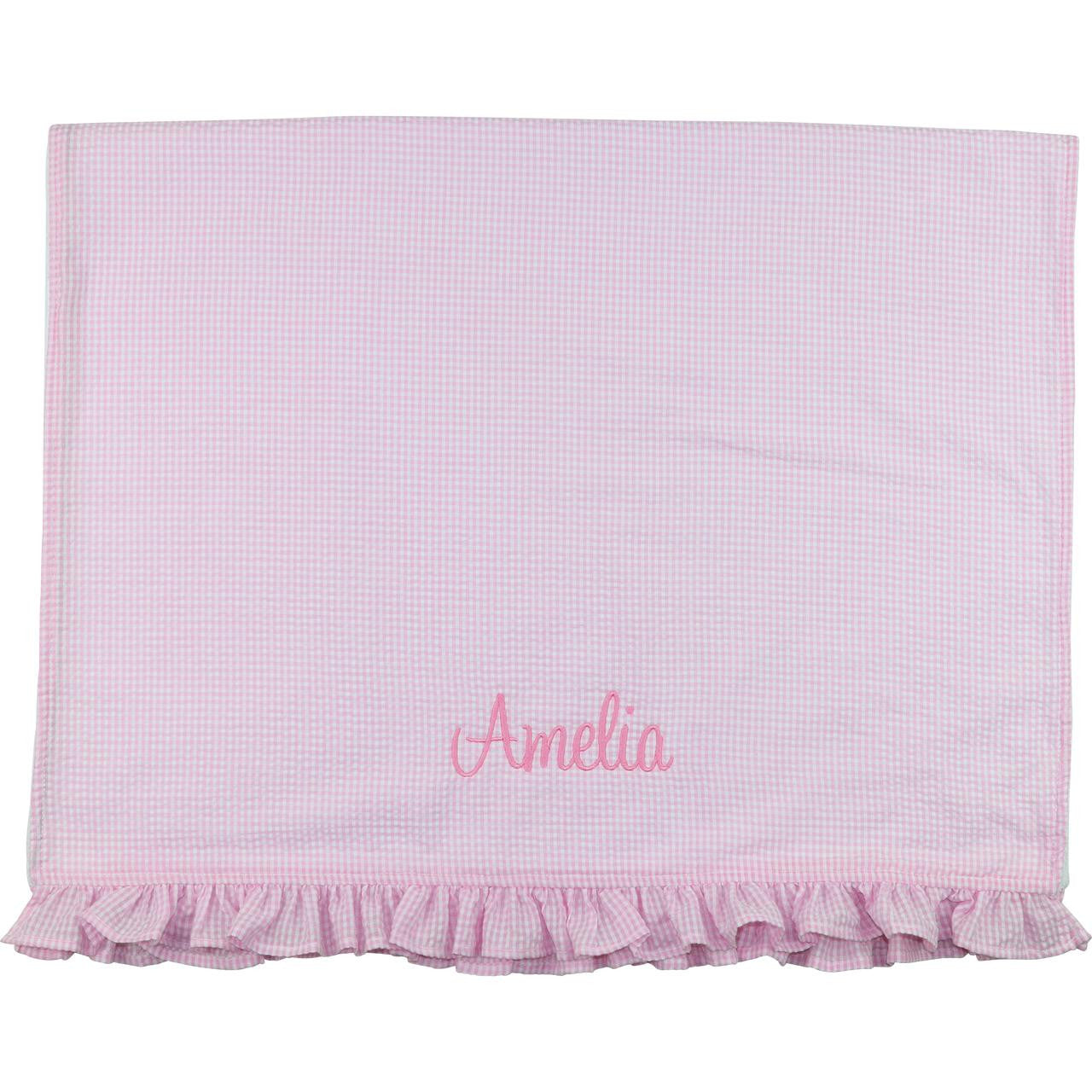 Pink Gingham And Terry Beach Ruffled Towel  Monogram