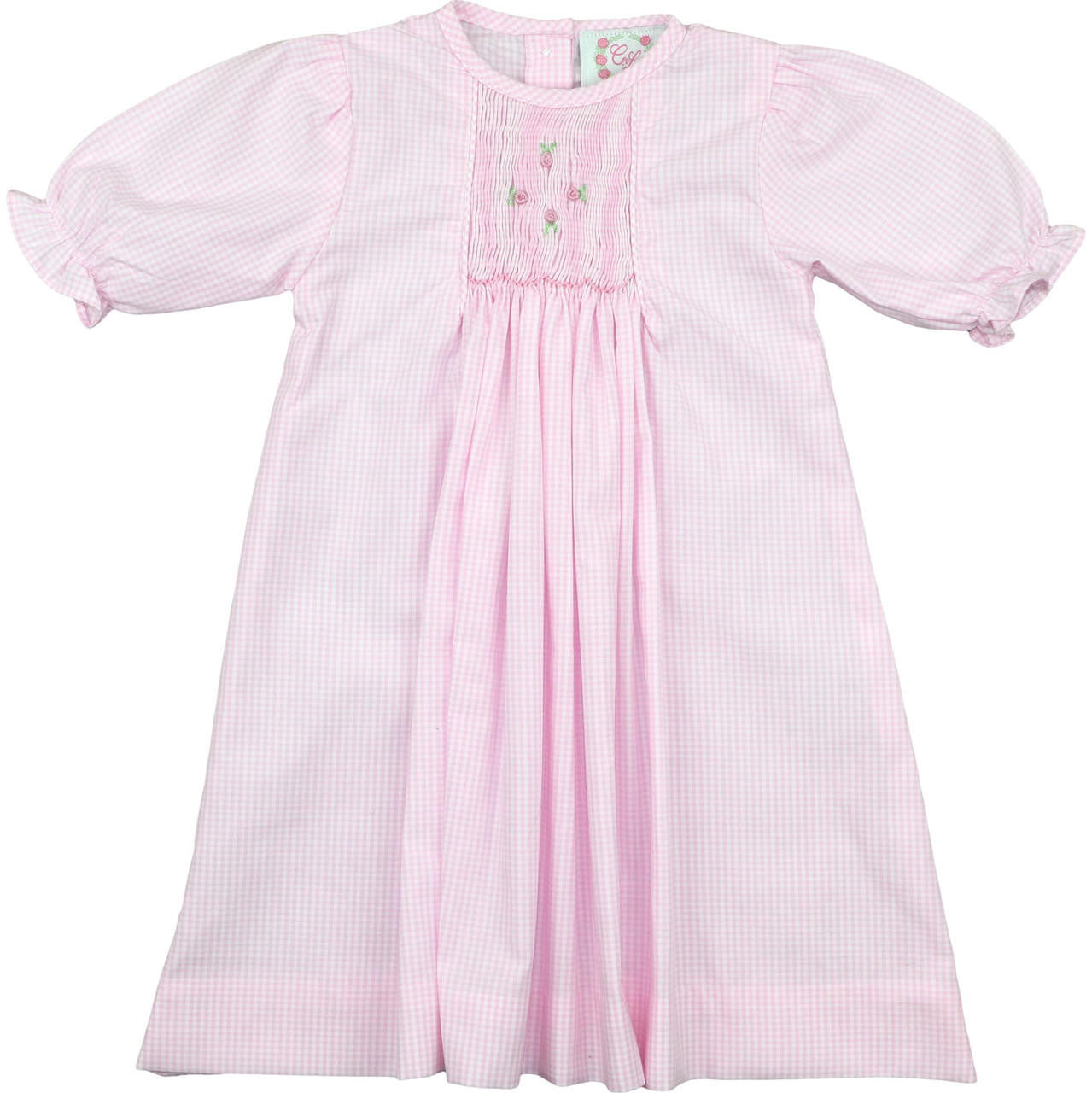 Pink Gingham Smocked Rosette Baby Gown Smocked Threads