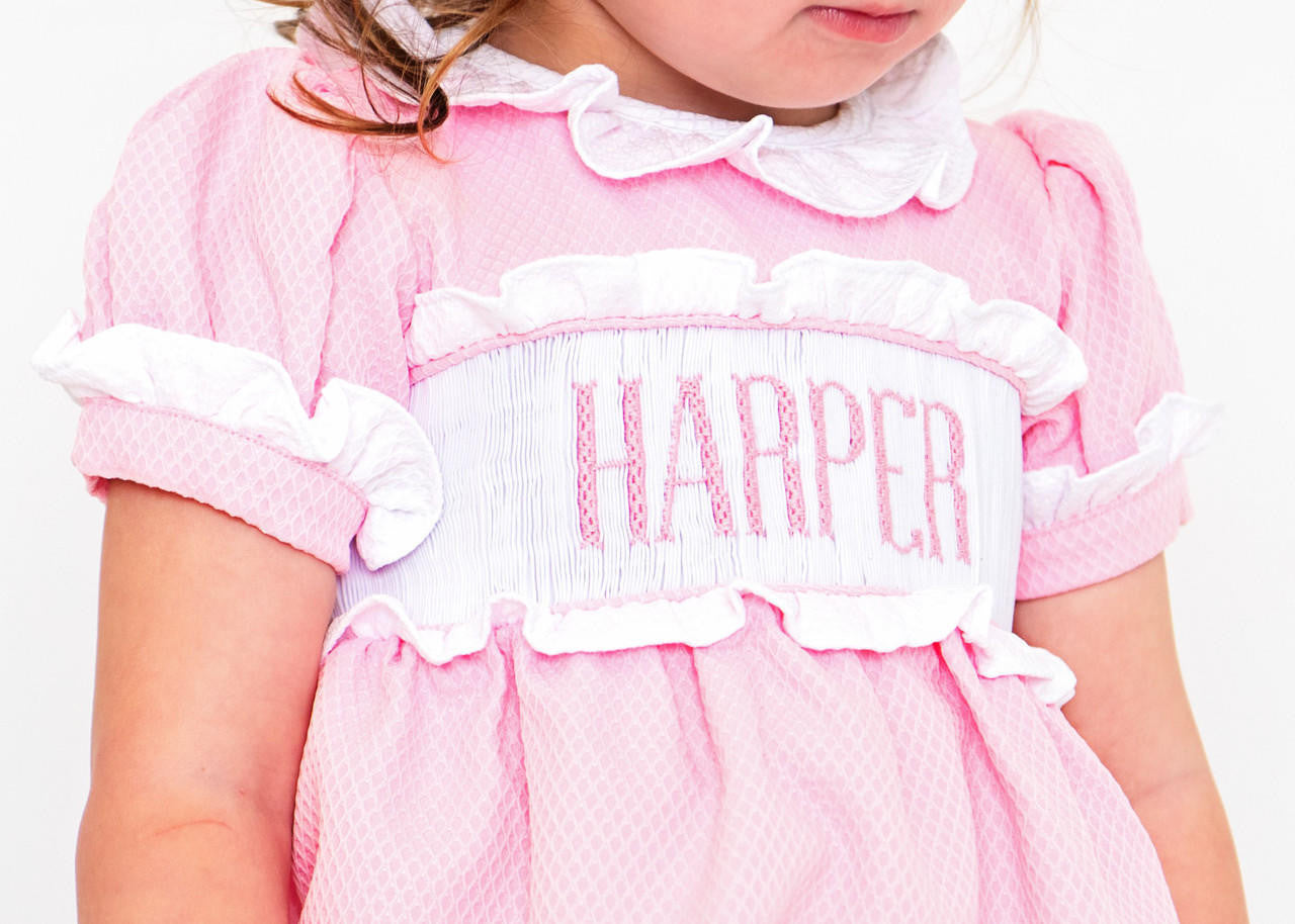 Pink Honeycomb Custom Smocked Bubble   Monogram