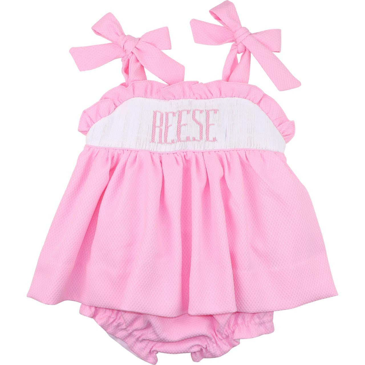 Pink Honeycomb Custom Smocked Shoulder Tie Diaper Set  Monogram