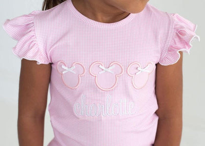 Pink Knit Gingham Applique Mouse Ears Shirt  Monogram