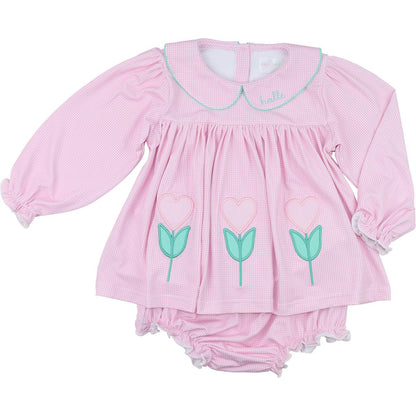 Pink Knit Gingham Applique Tulip Heart Diaper Set  Eliza James Kids